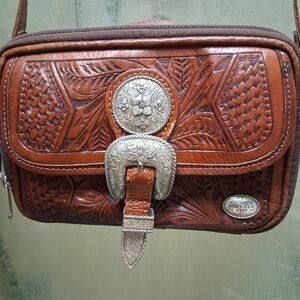Brown Leather Embossed Crossbody Bag
